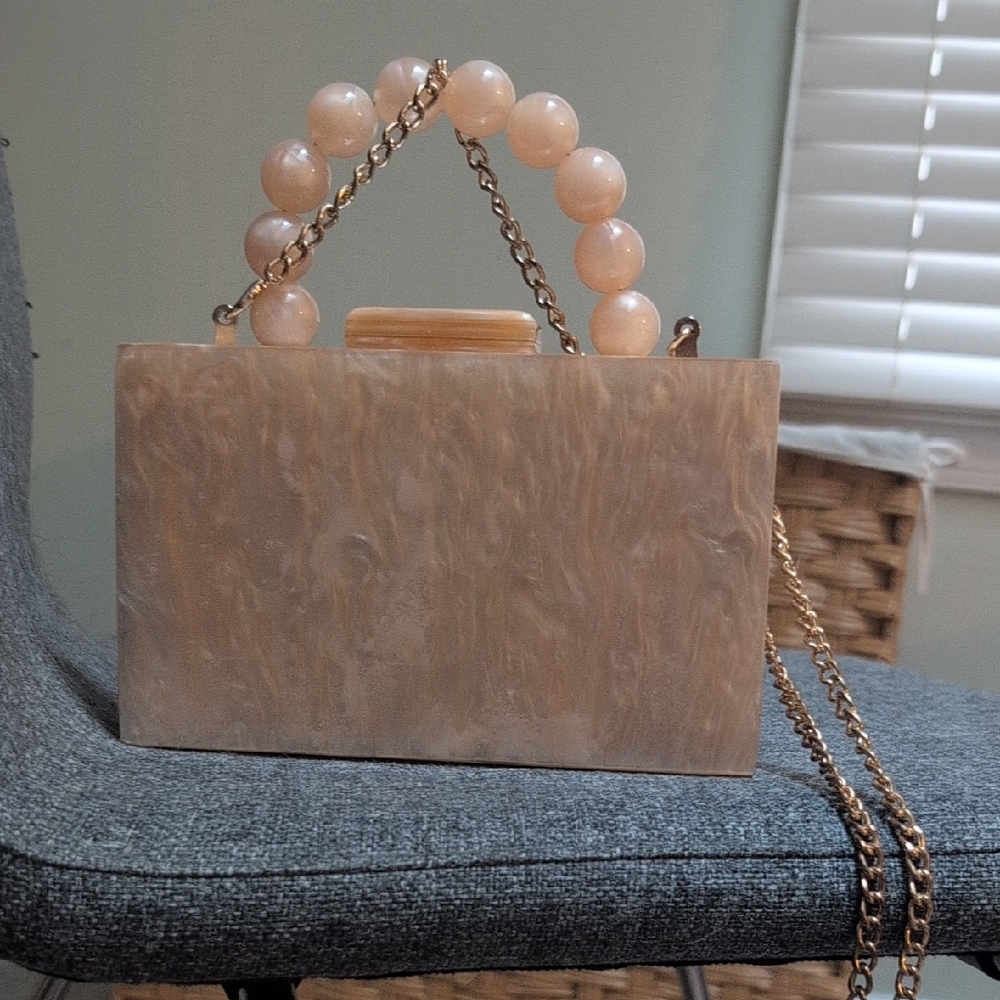 Amazon Peach Marbled Acrylic Box Clutch with Beaded Handle